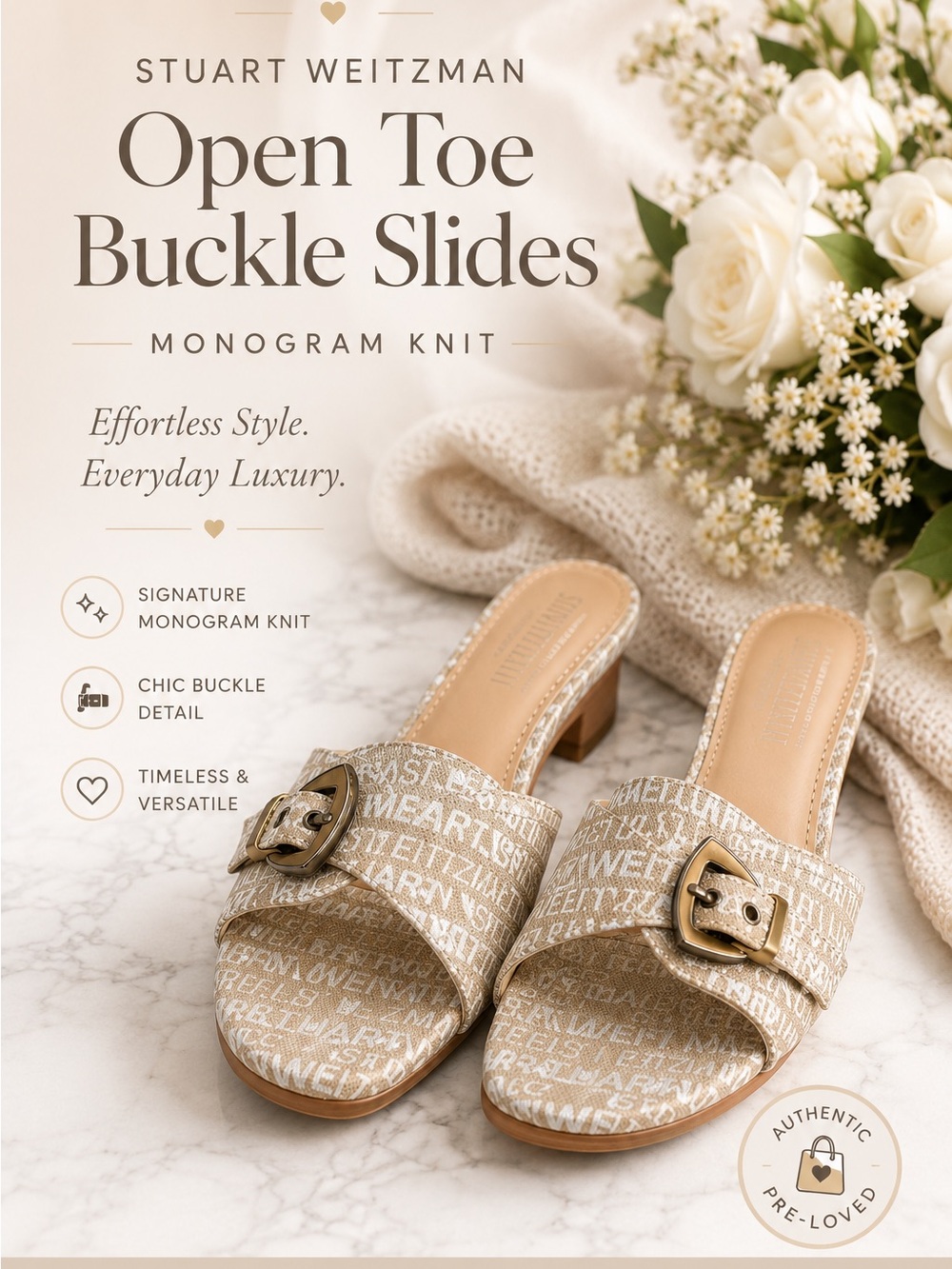 Stuart Weitzman Beige Gatty Monogram Knit Buckle Mule Sandals Size 10 Women’s